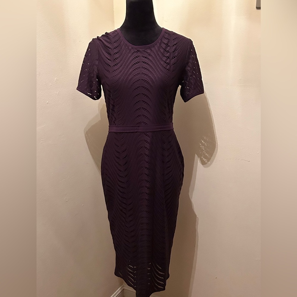 Cynthia Steffe Purple Eyelet Swirl Patterned Sheath Midi Dress